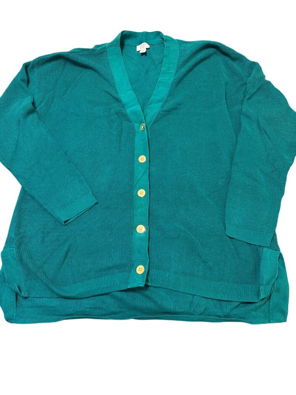 Crown & Ivy Green Gold Button Front Cardigan Sweater Side Slit Ribbon Trim Sz XL